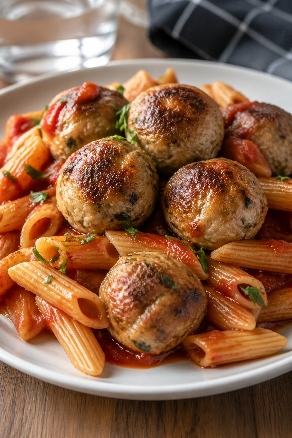 Close-up of turkey meatballs with whole-wheat pasta on a plate