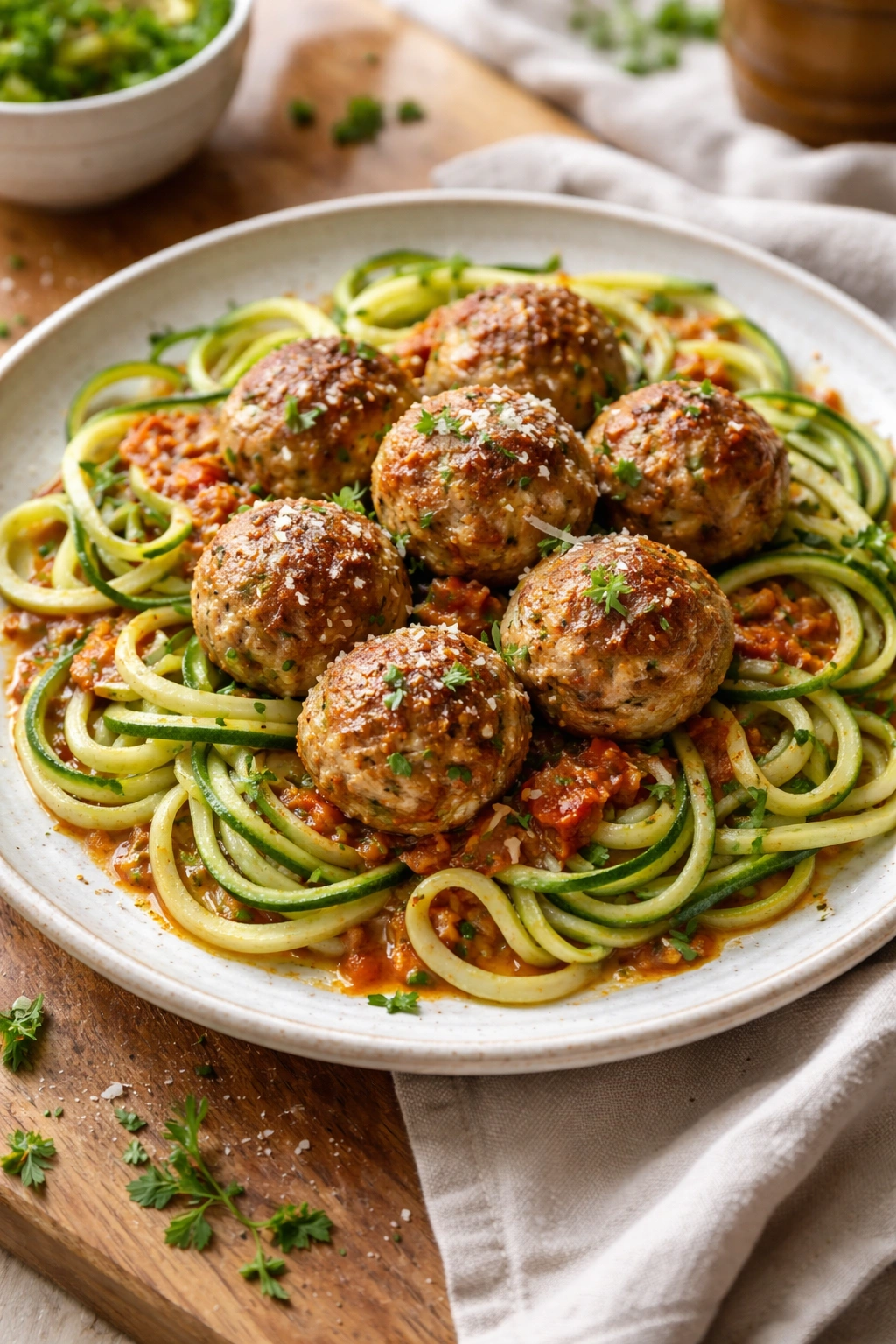 Turkey meatballs with zucchini noodles plated with marinara