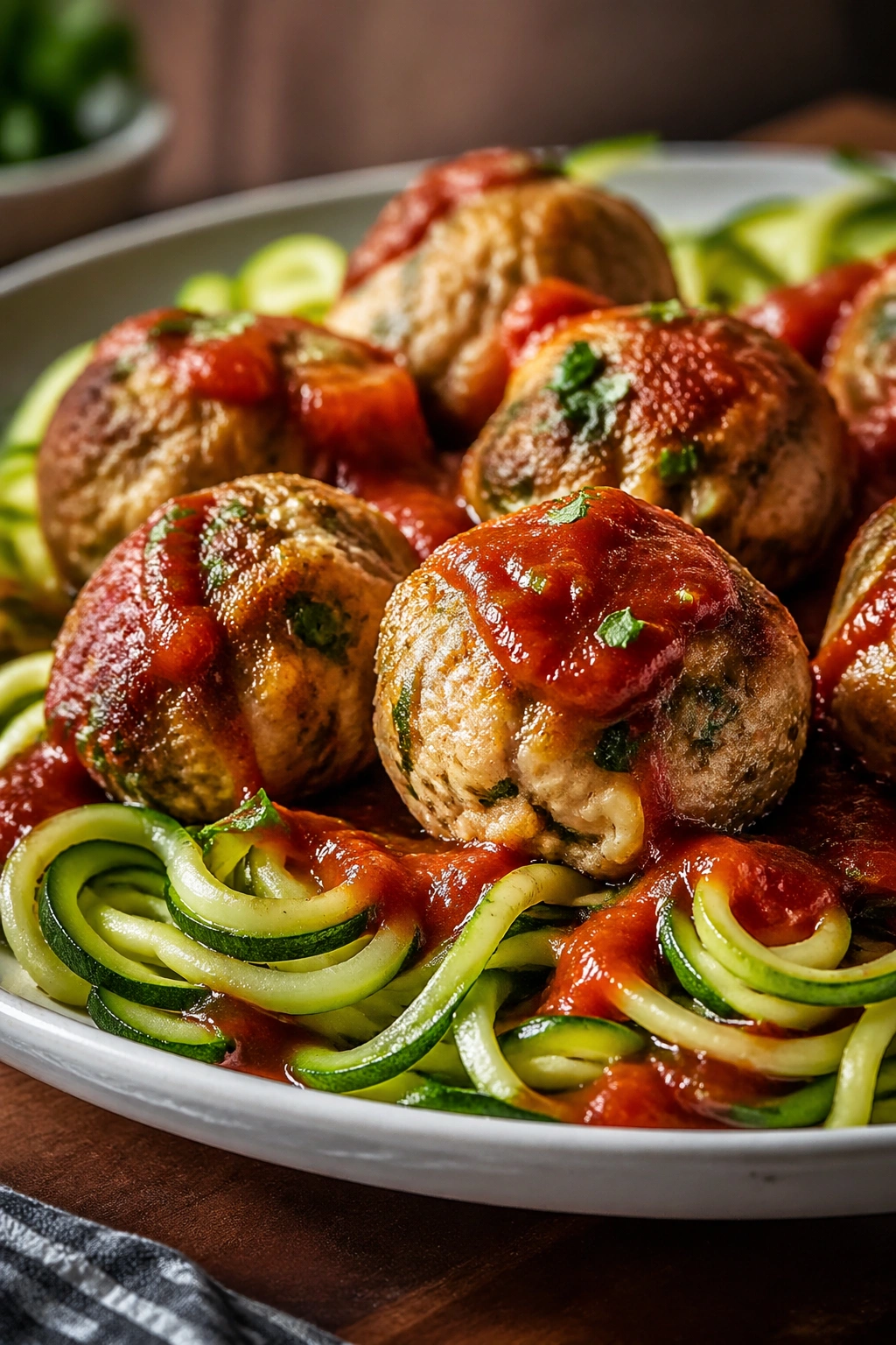 Turkey meatballs with zucchini noodles on a plate