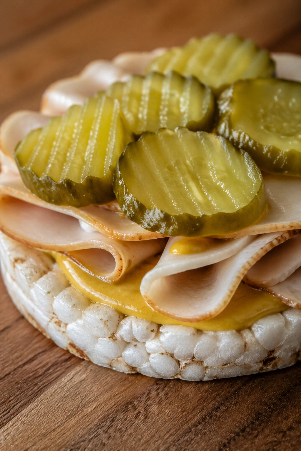 Rice cake with turkey, mustard, and pickle chips