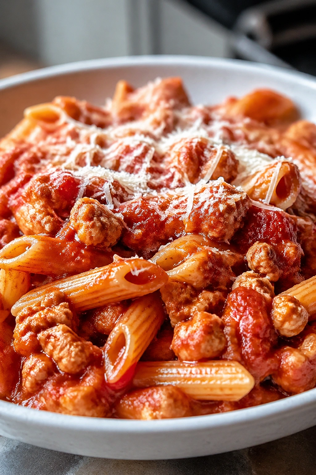 Close-up plate of turkey pasta with red sauce and Parmesan