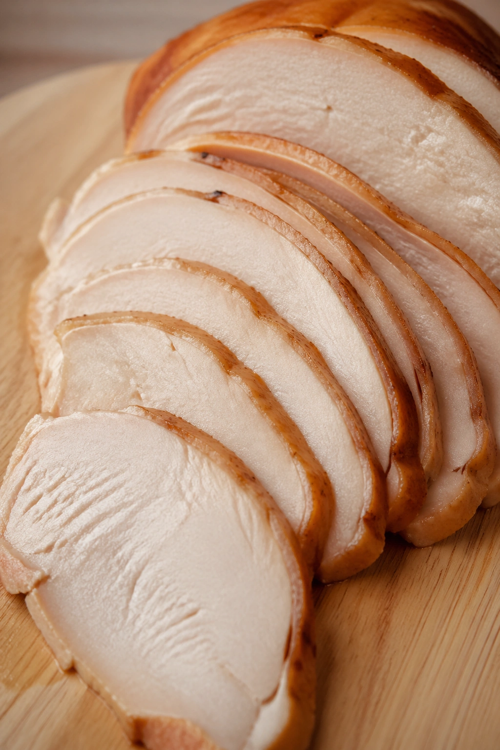 Close-up of sliced turkey breast on a wooden board
