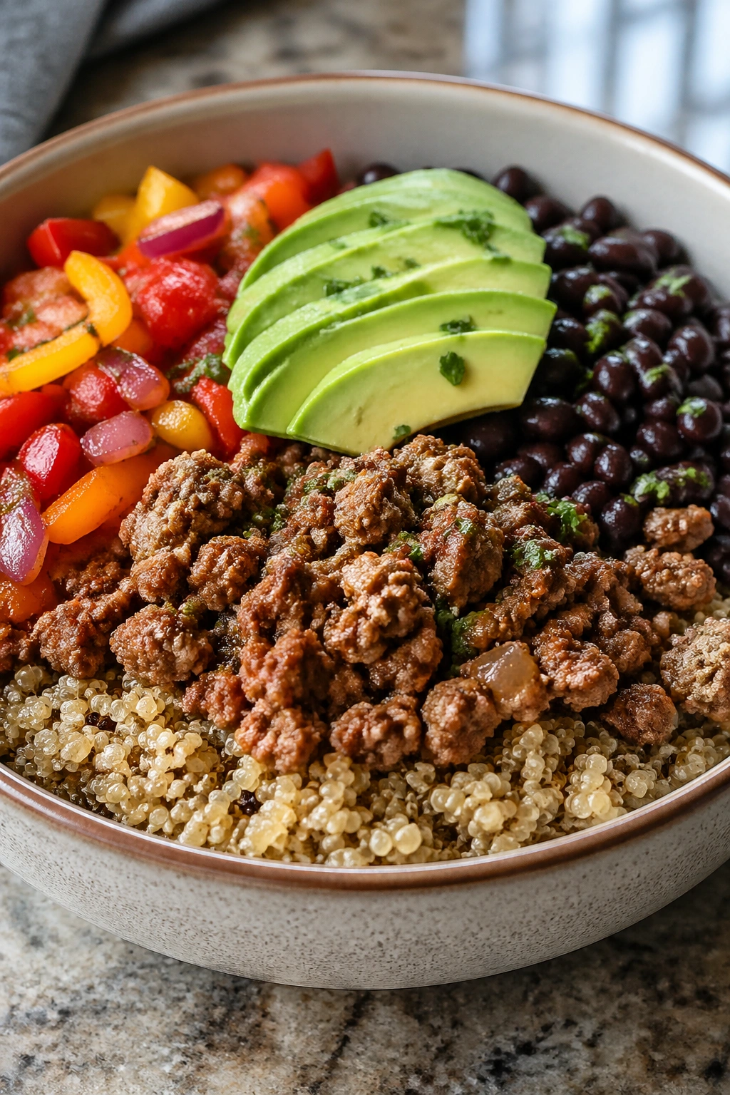 Turkey taco quinoa bowl with turkey, quinoa, beans, peppers, and avocado