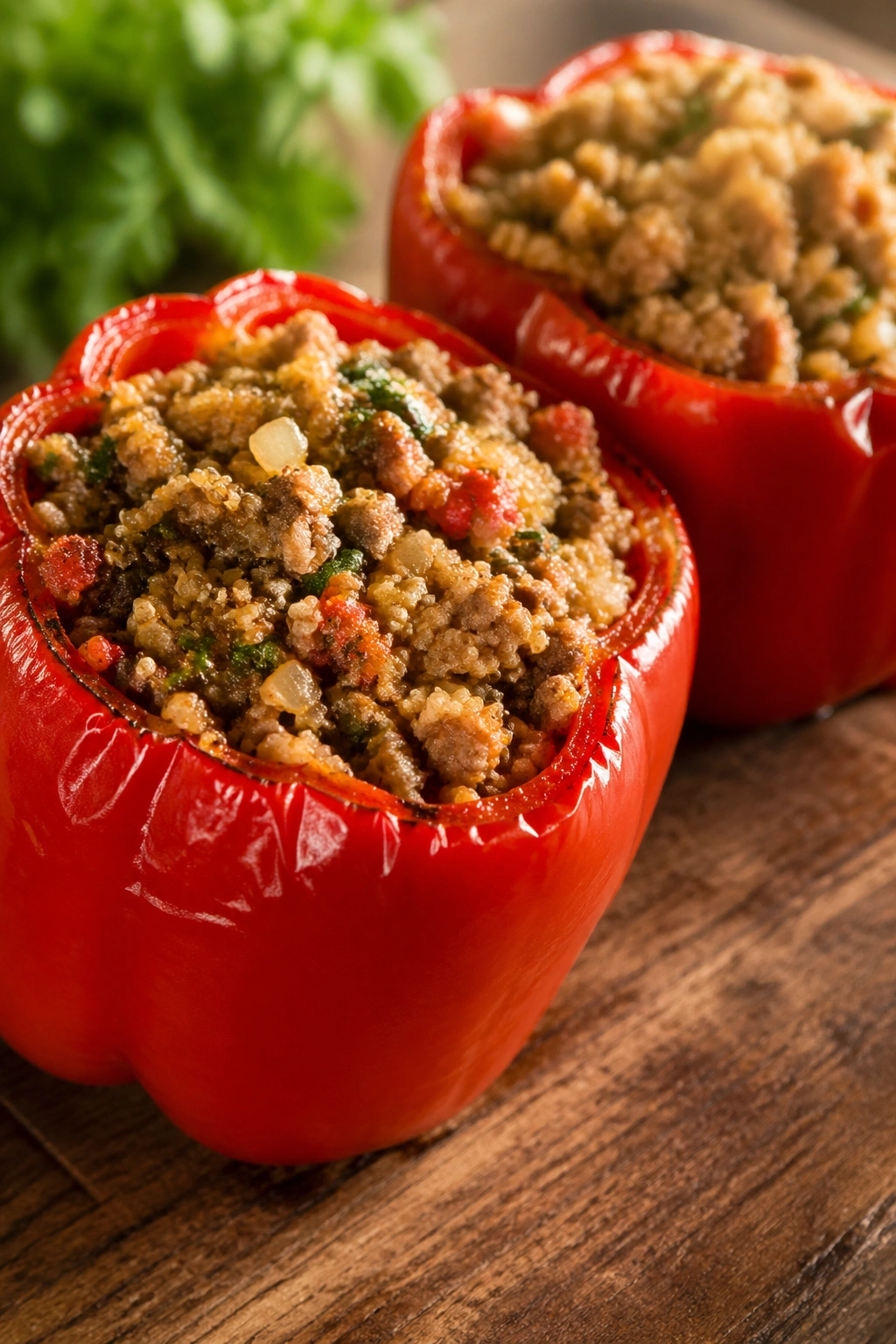 Stuffed bell peppers with turkey and quinoa on a wooden surface