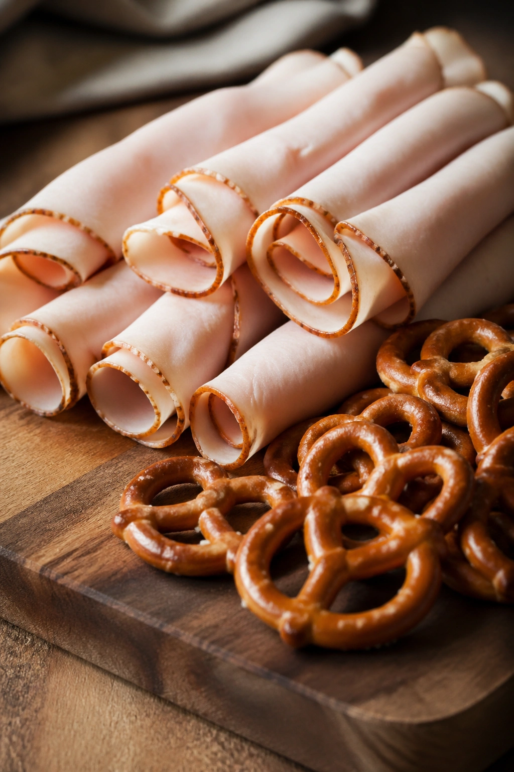 Turkey roll-ups with pretzels on cutting board