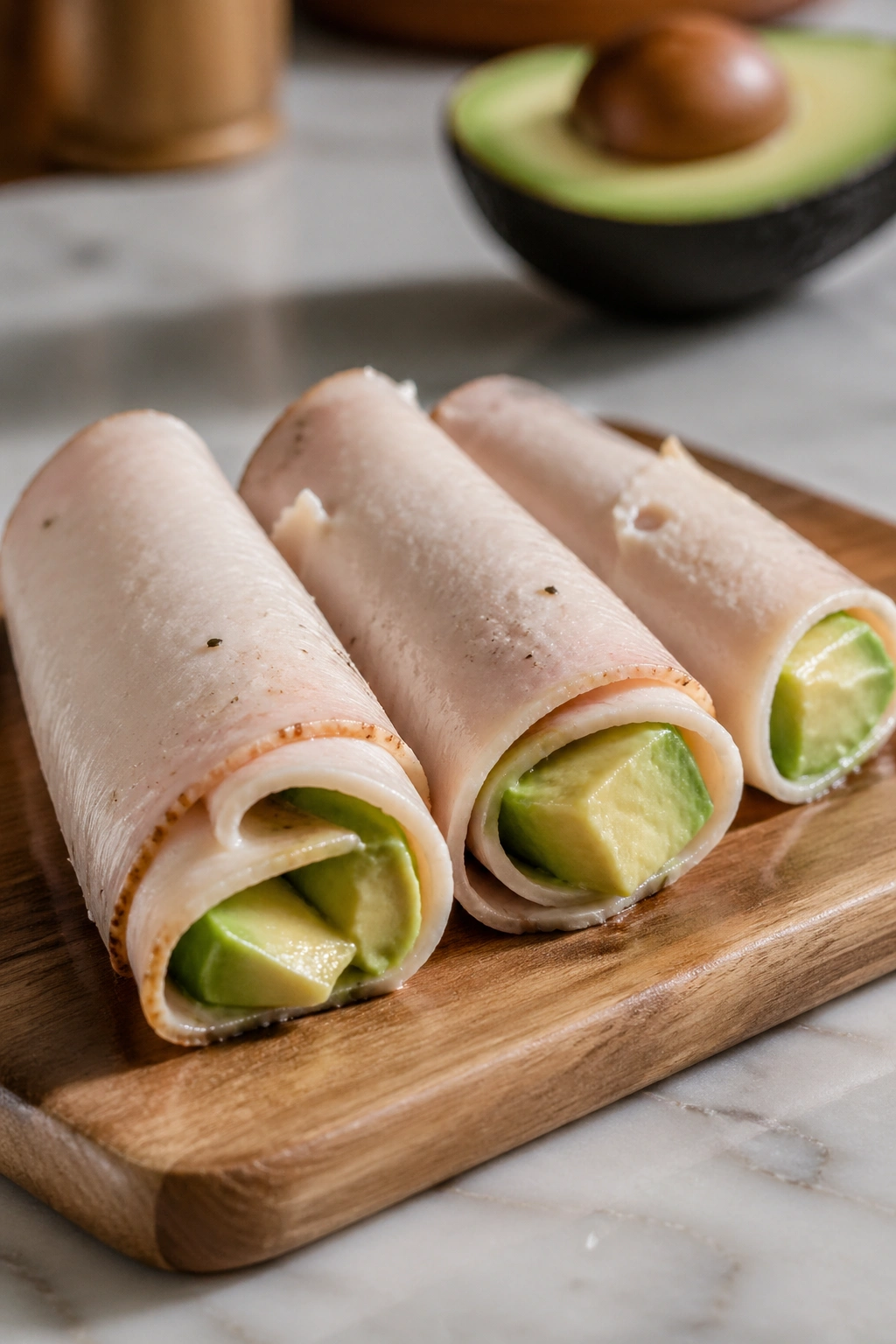 Close-up of turkey roll-ups with avocado on a wooden board