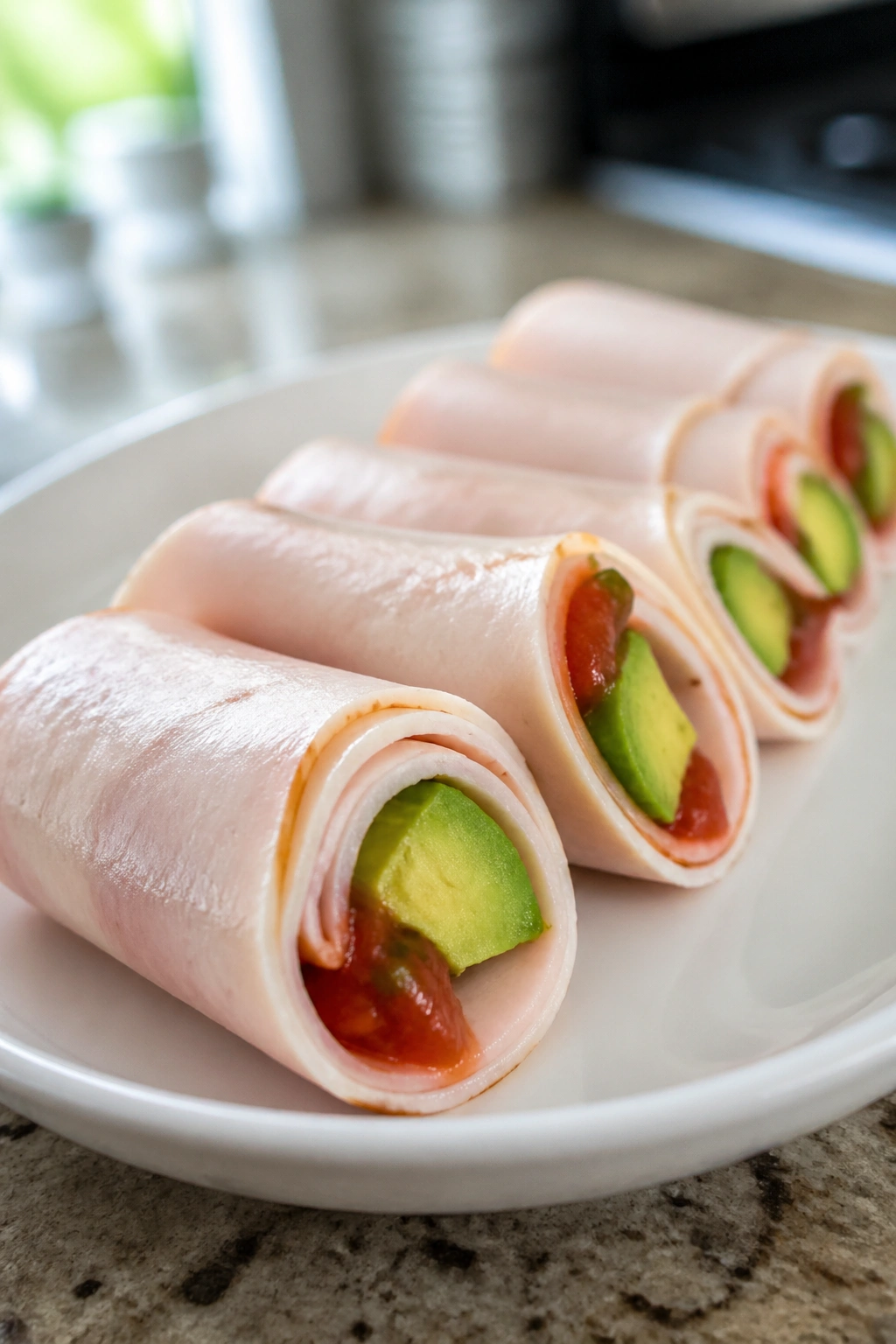 Turkey roll-ups with avocado and salsa on a plate