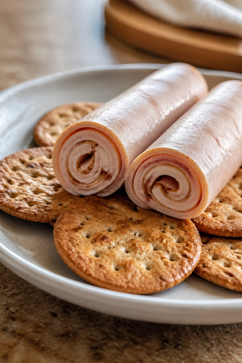 Close-up turkey roll-ups with crackers on a plate, savory pre-workout snack.