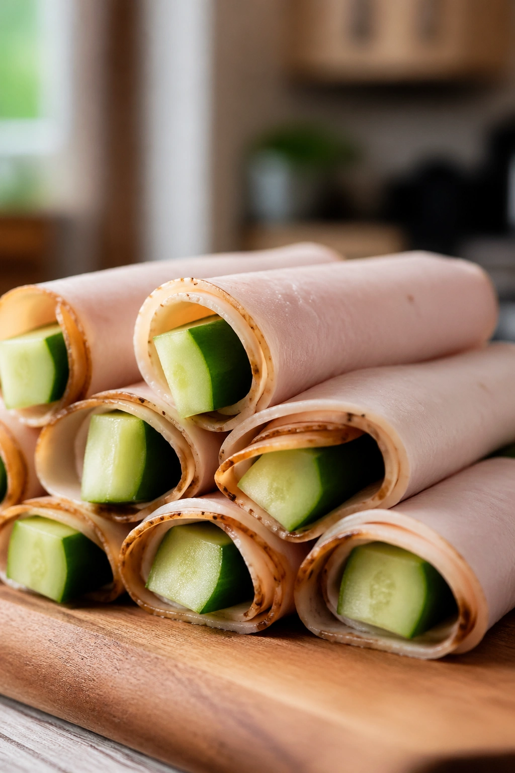 Close-up of turkey roll-ups with cucumber on a wooden cutting board