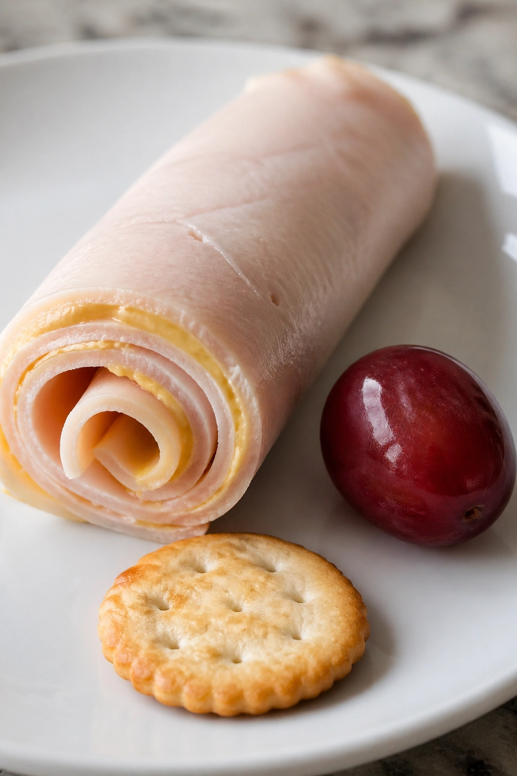 Close-up of turkey roll-up with grape and cracker beside it on a plate