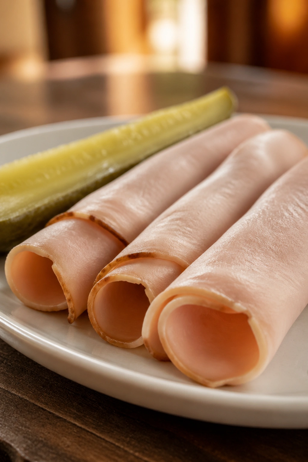 Close-up of turkey roll-ups on a plate with a pickle spear