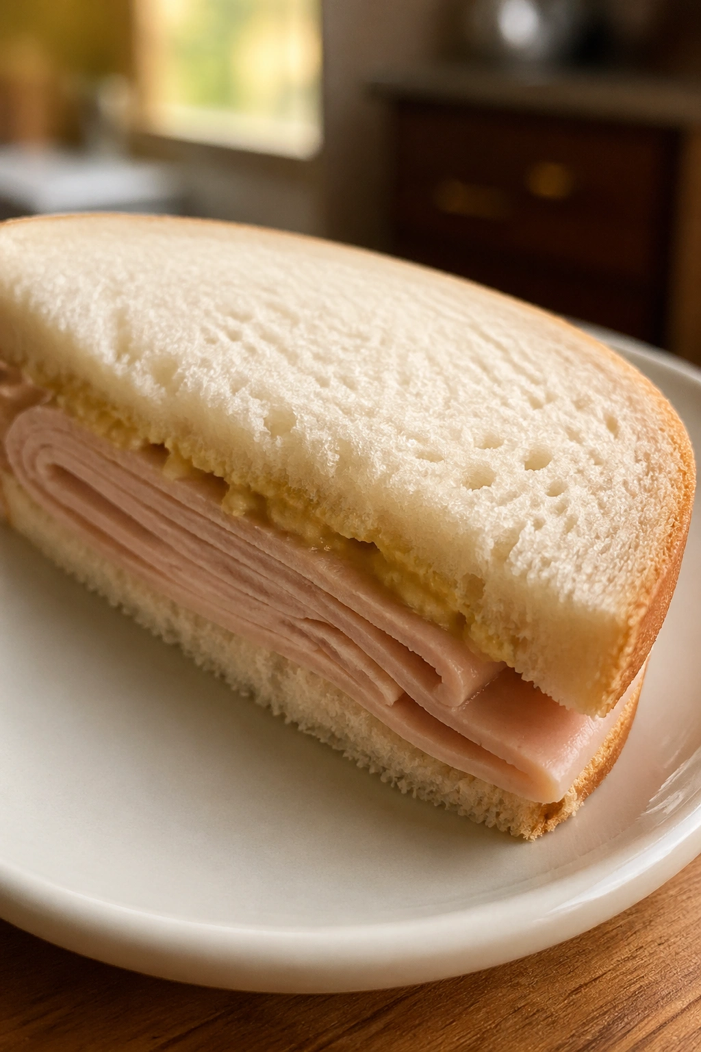 Close-up of a half turkey sandwich on soft white bread showing turkey slices and light mustard on a plate.