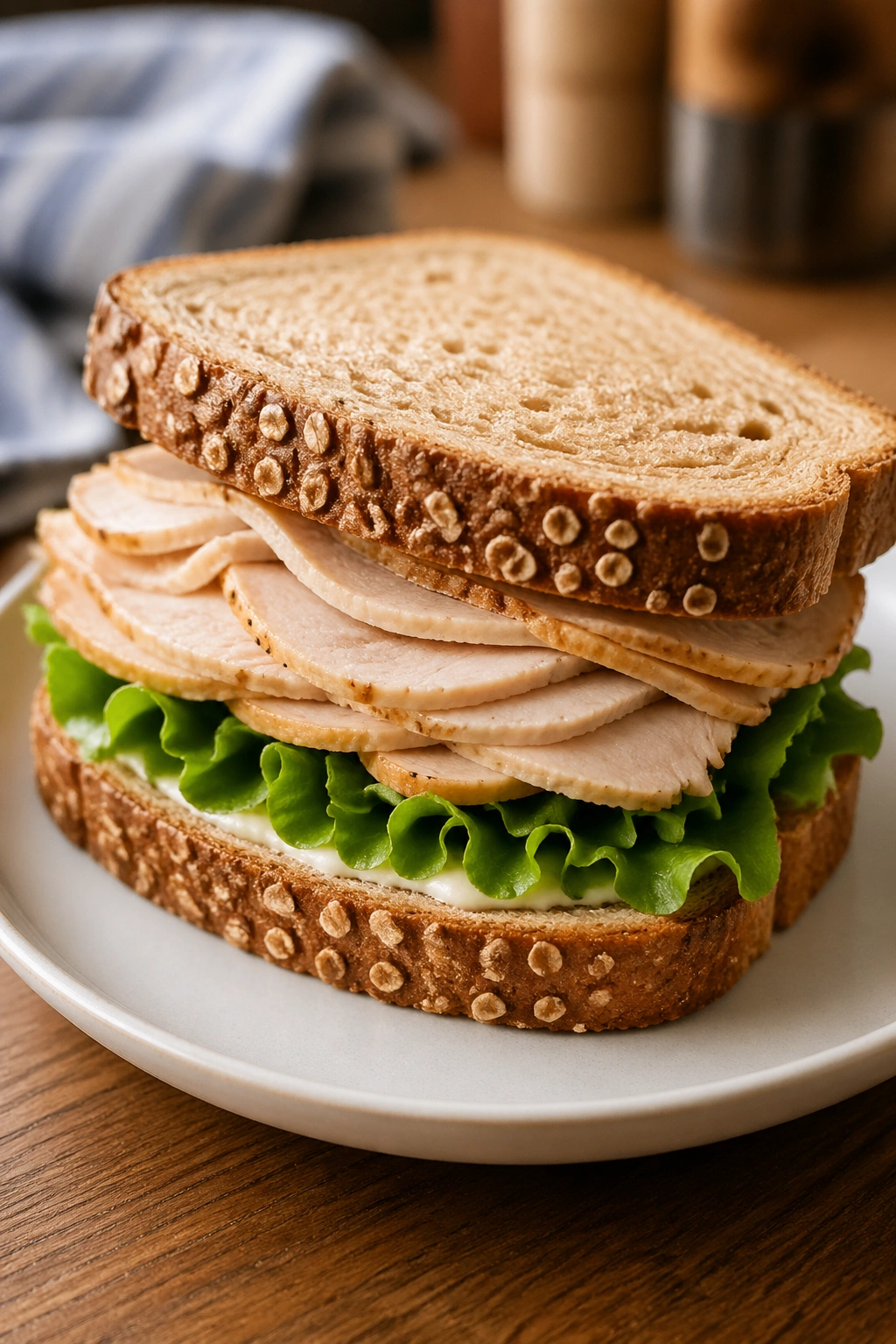 Turkey sandwich on whole-grain bread on a plate