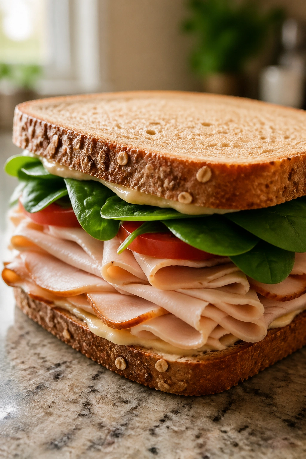 Close-up of turkey sandwiches with turkey slices and greens on a counter.
