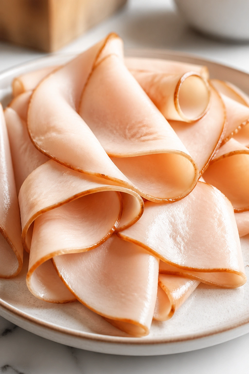 Turkey slices rolled on a plate in a neat arrangement