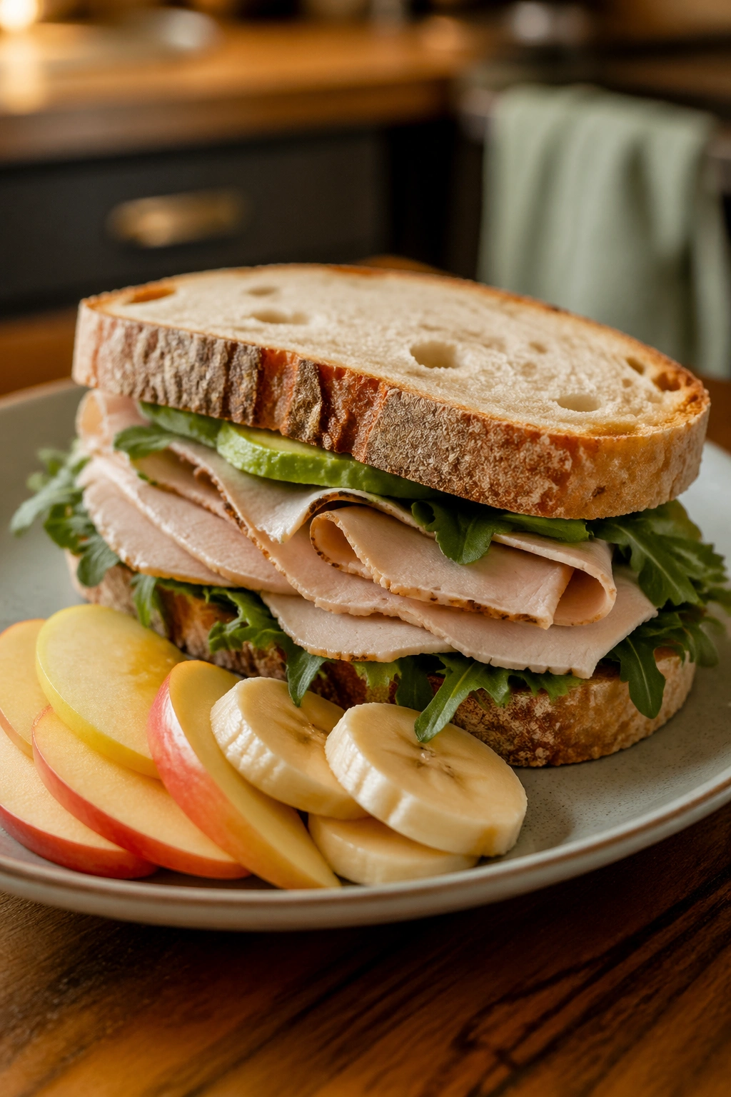Turkey on sourdough sandwich with fruit on a plate