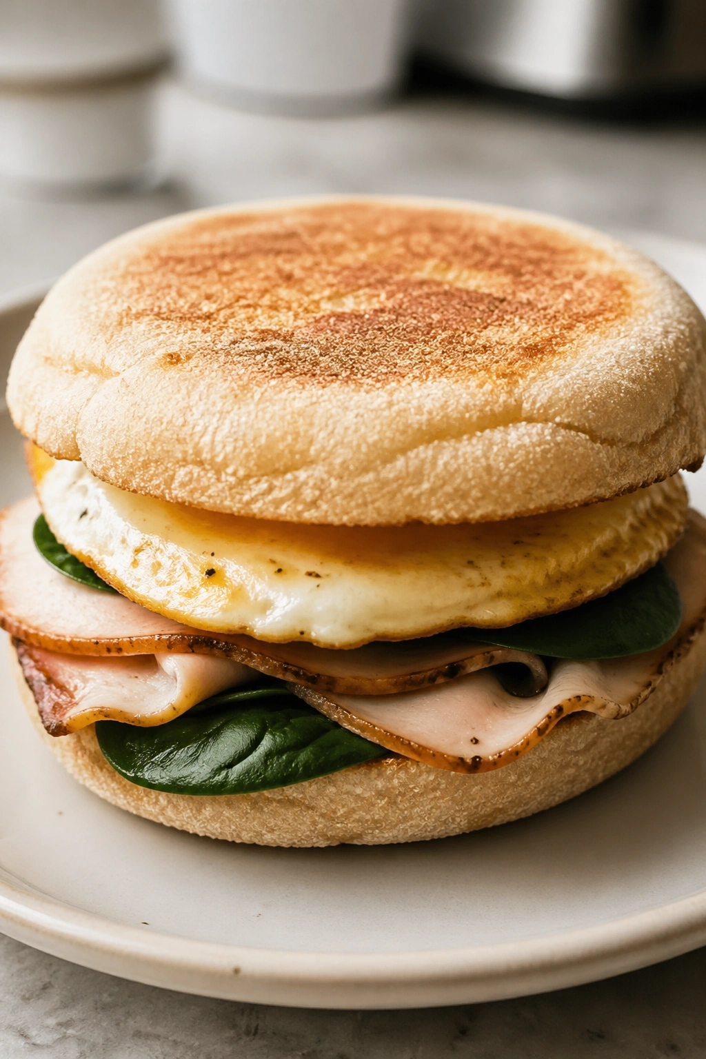 English muffin sandwich with turkey spinach and egg