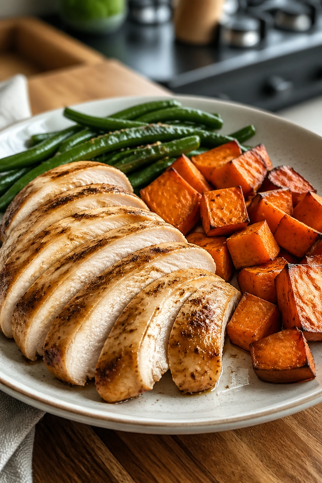 Close-up of turkey and sweet potato plate ready for a pre-workout meal.