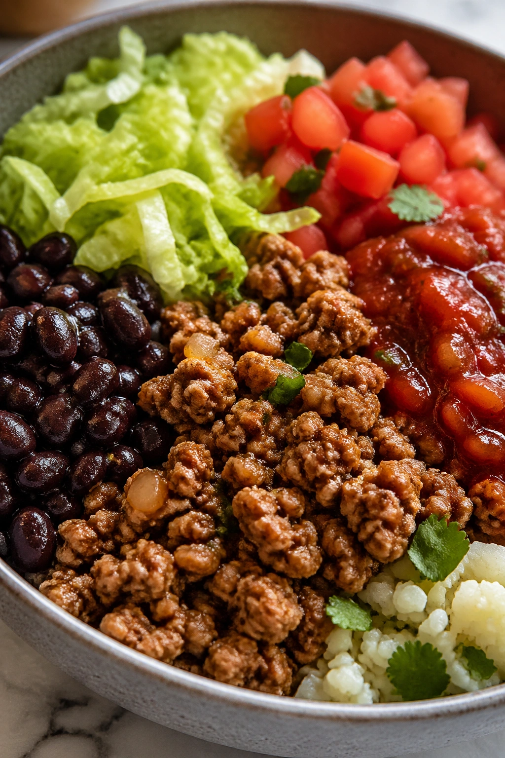 Turkey taco bowl with black beans and salsa on a kitchen counter
