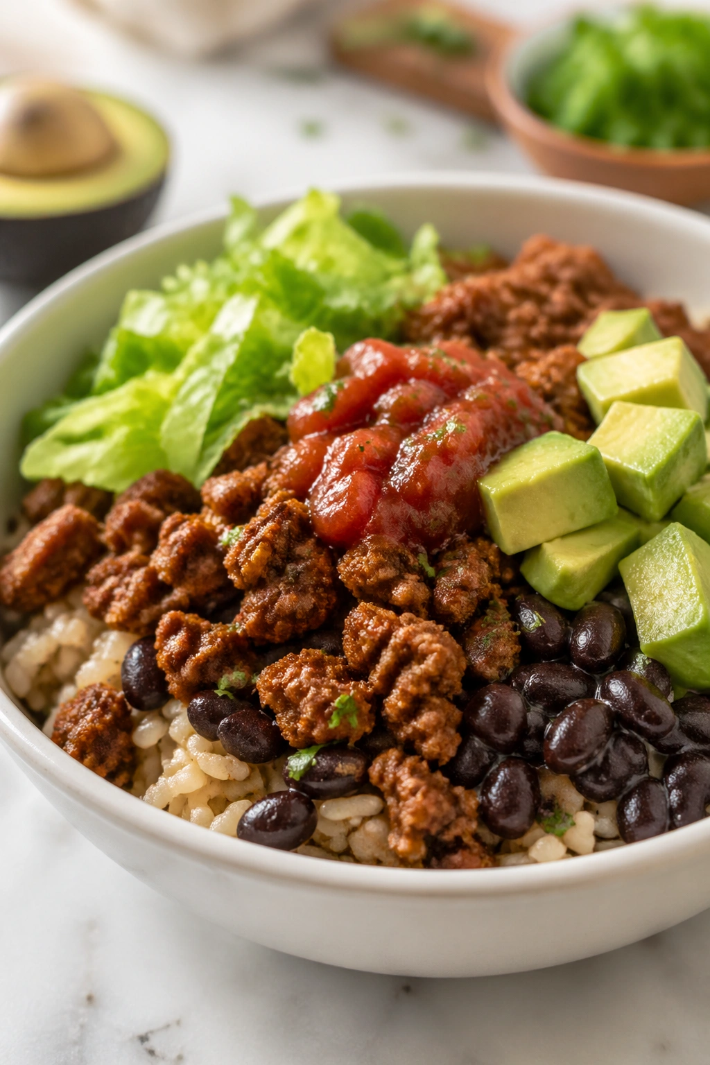 Close-up of turkey taco rice bowl with beans and avocado