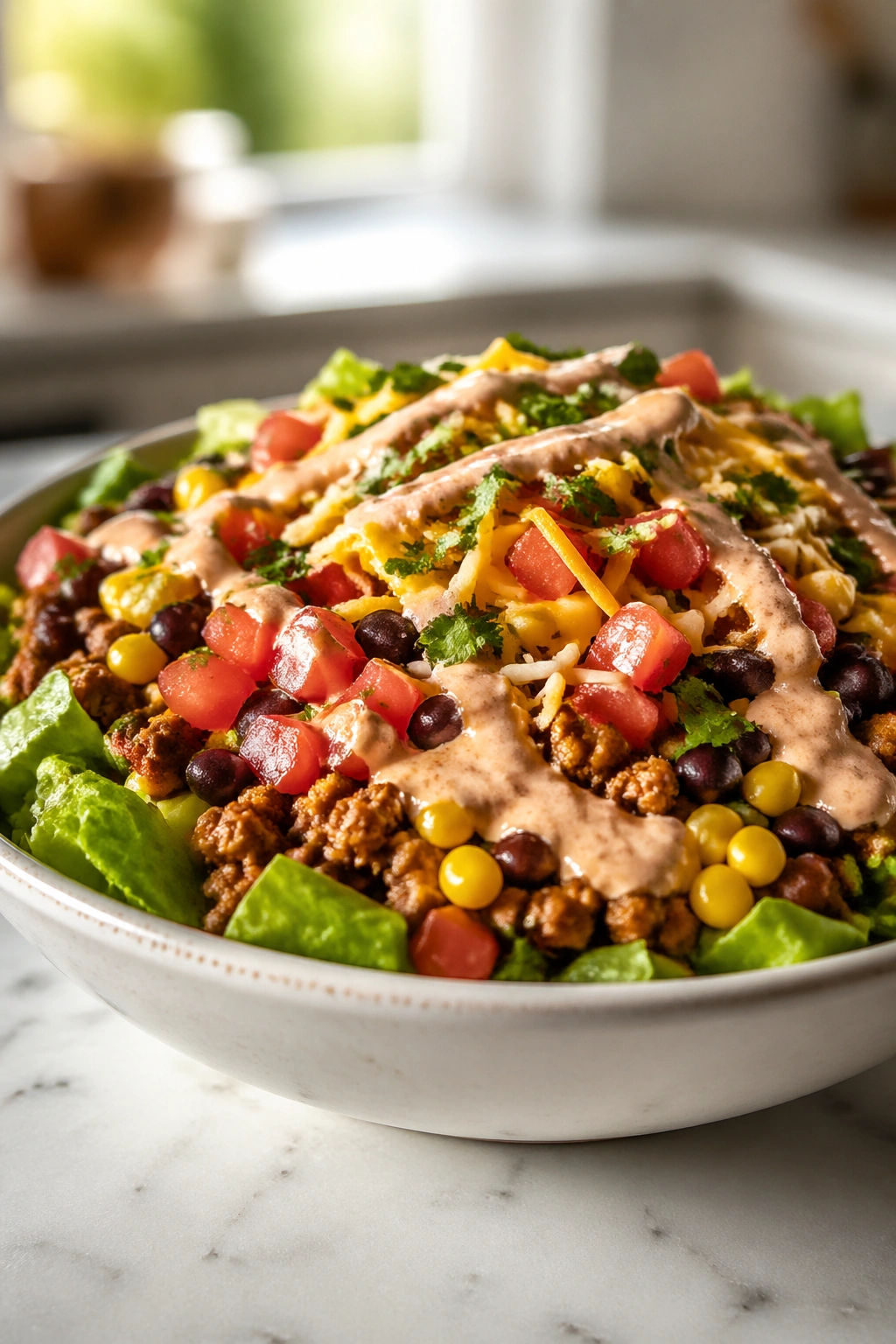Close-up of Turkey Taco Salad with salsa yogurt dressing in a bowl