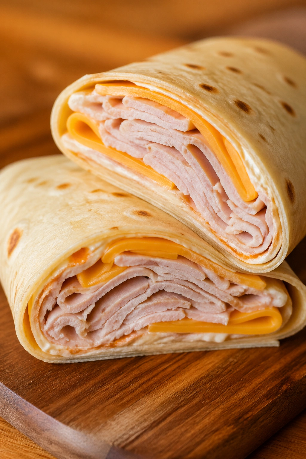 Close-up of a turkey and cheese wrap showing fillings