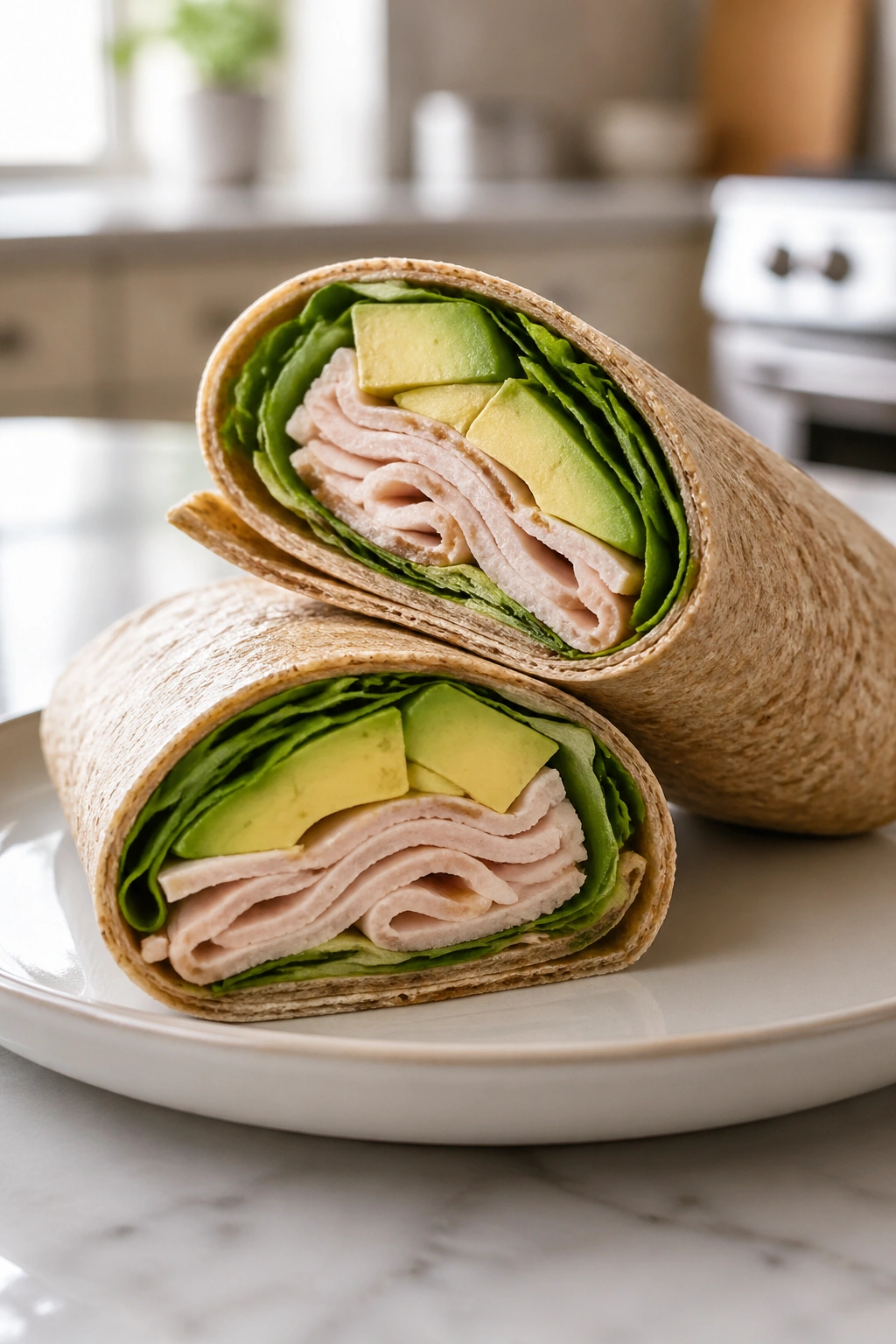 Halved turkey and avocado wrap on a plate