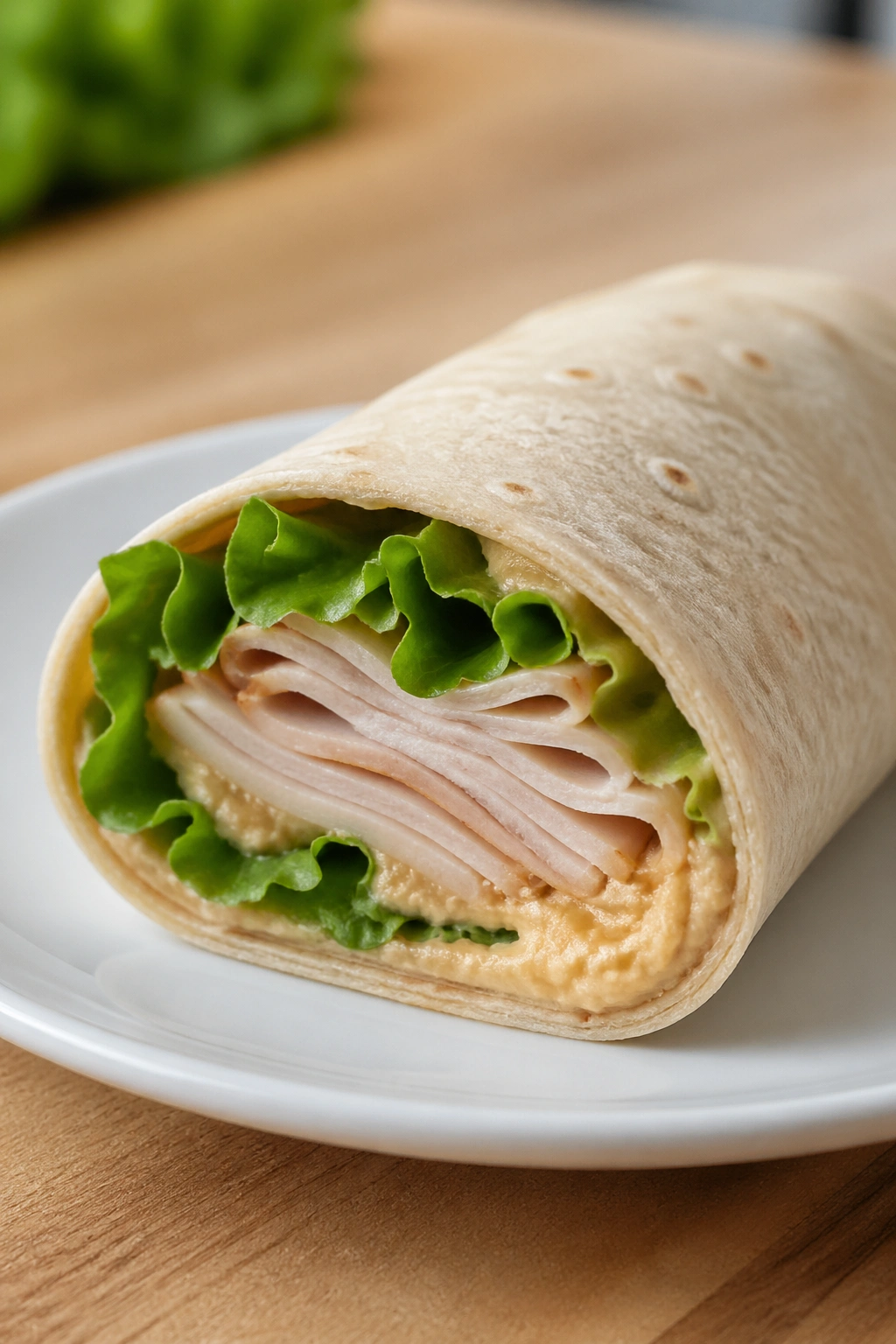 Turkey wrap showing turkey, lettuce, and hummus filling on plate