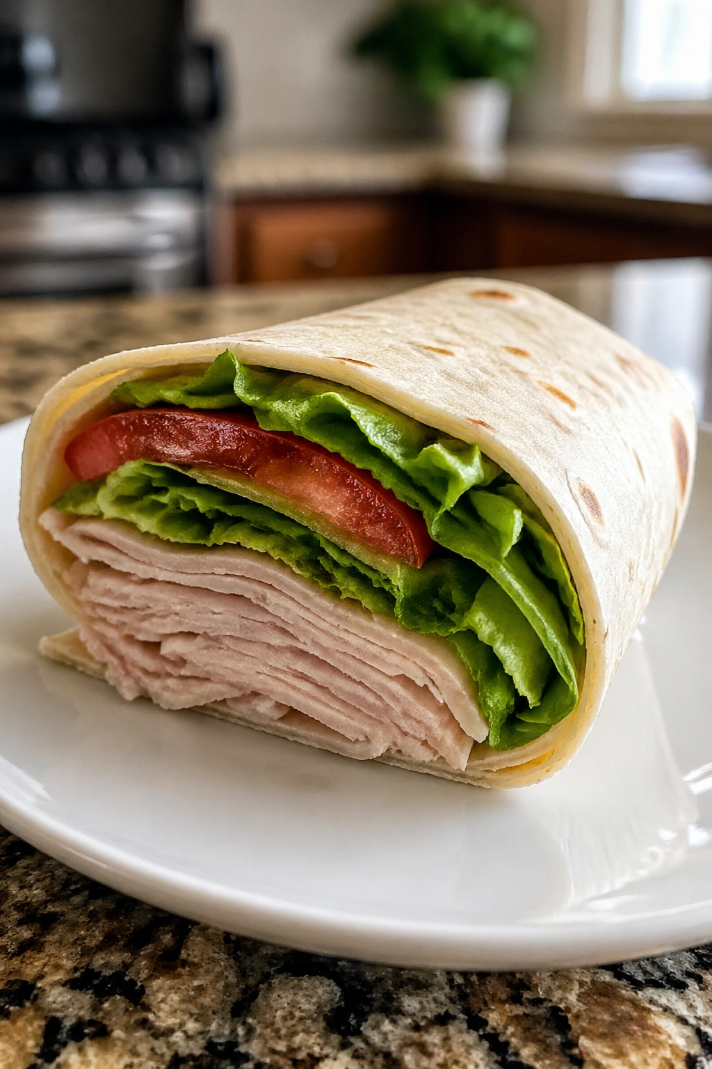 Close-up of half turkey wrap with lettuce and tomato on a plate