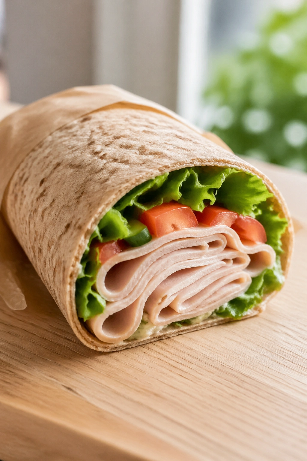 Close-up of a turkey wrap showing turkey, lettuce, and tomato in a whole-wheat tortilla