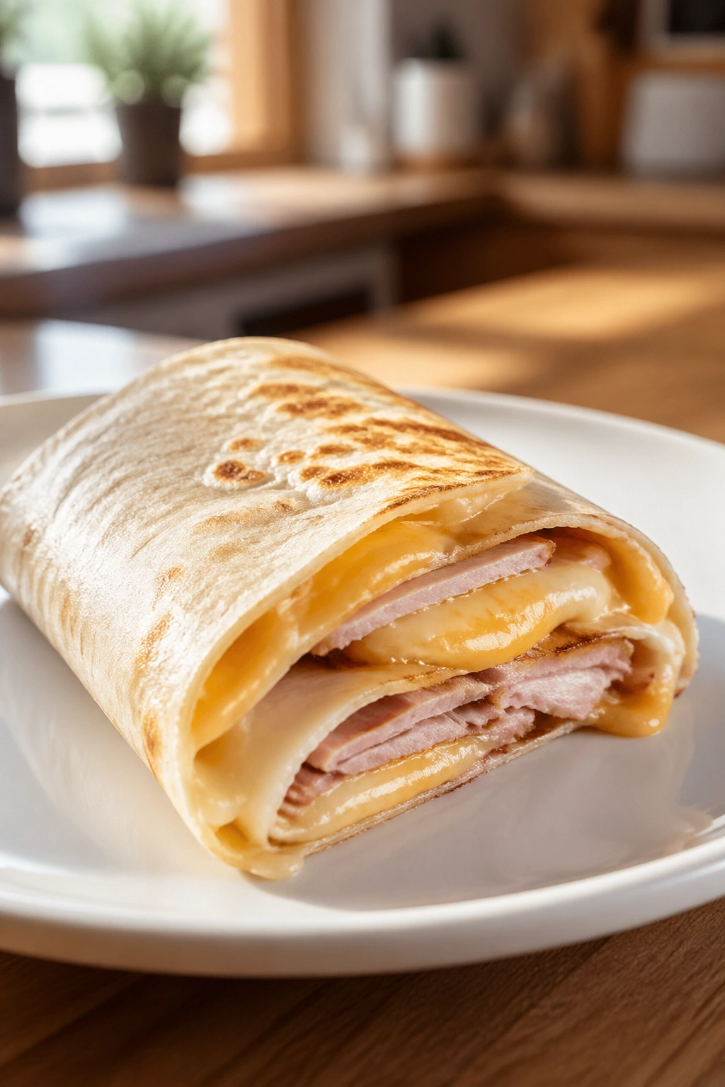 Close-up of a turkey and cheese breakfast wrap on a plate in a sunny kitchen
