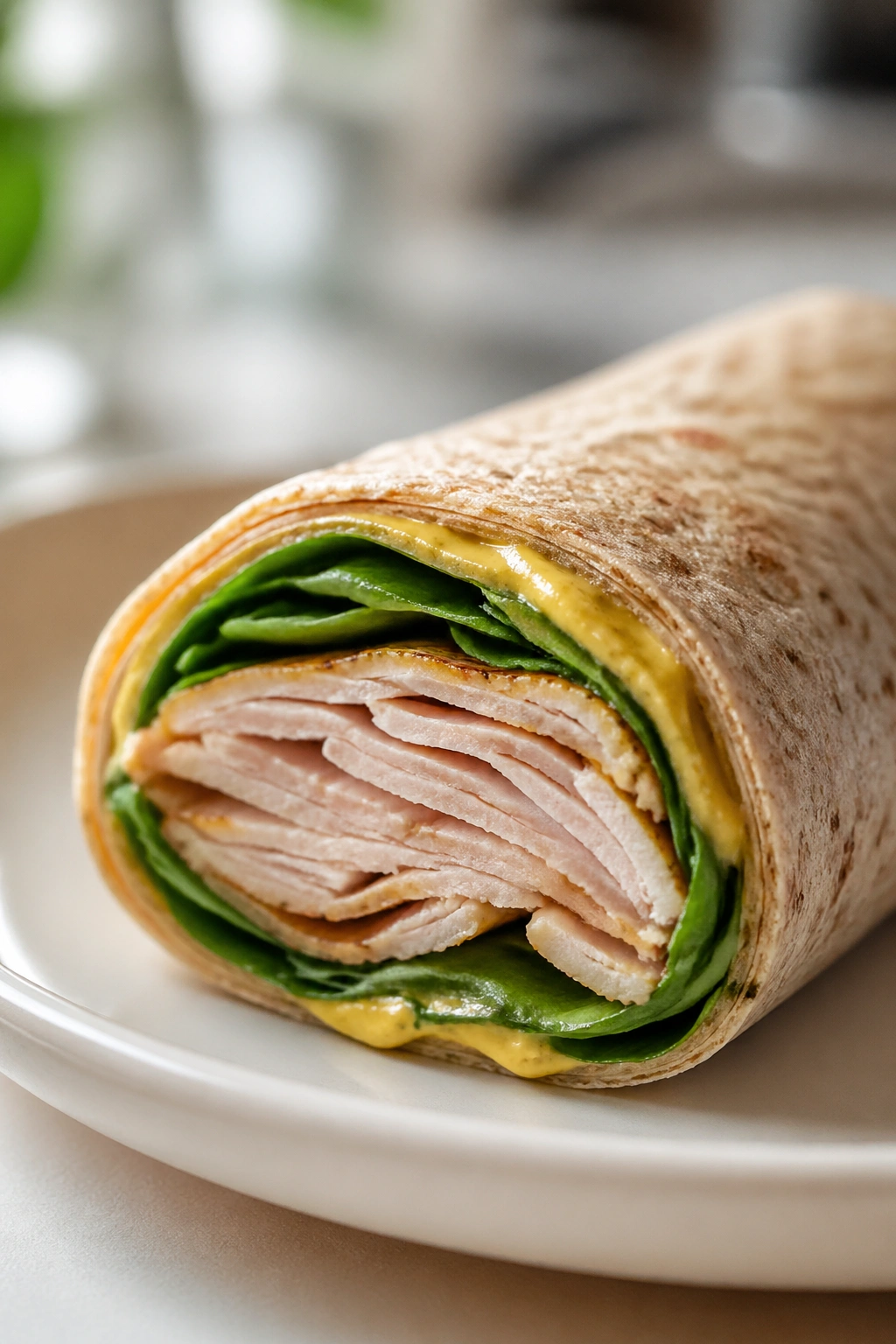 Cross-section of turkey spinach mustard wrap on plate in kitchen