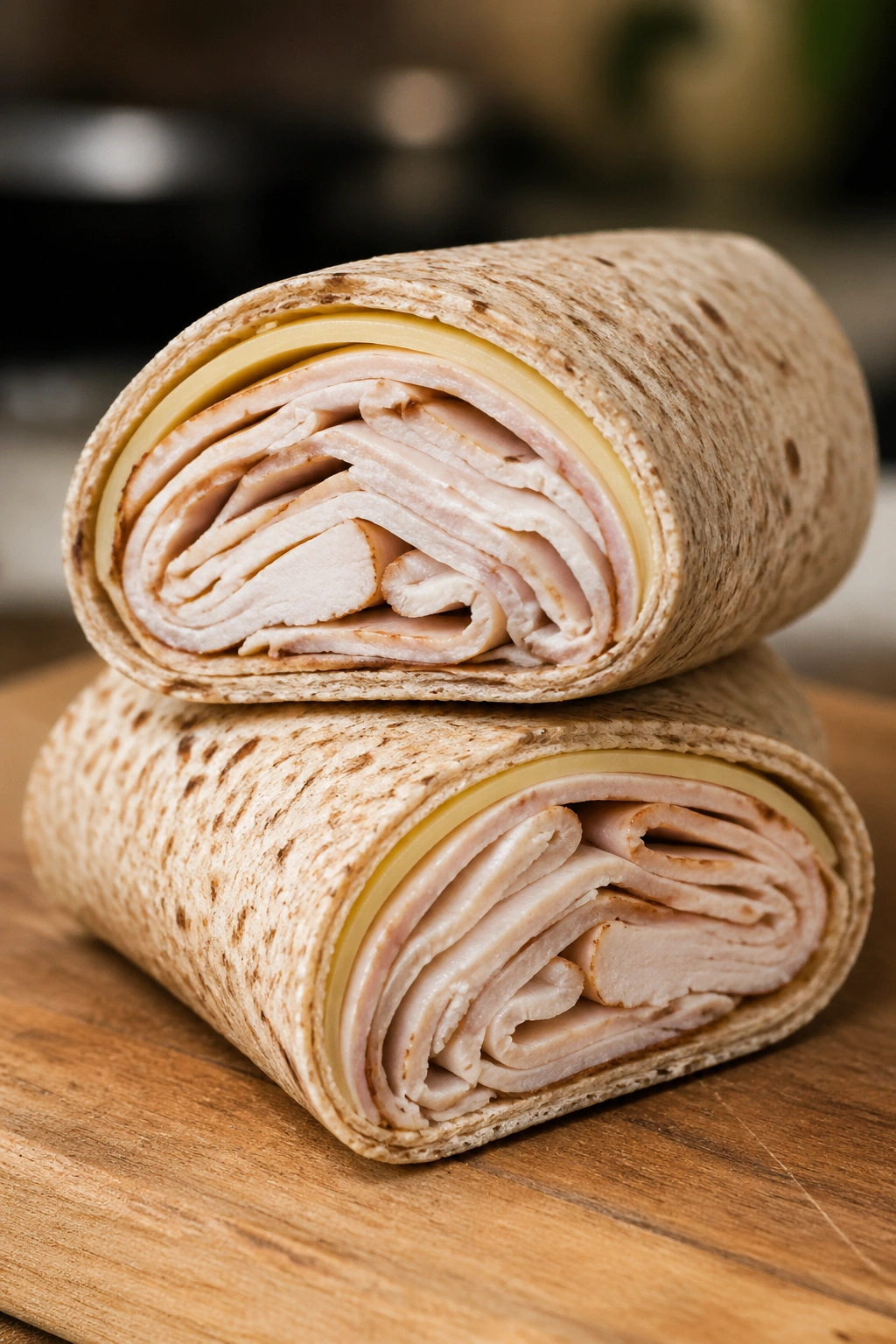 Close-up of a turkey and whole-grain wrap sliced to reveal fillings