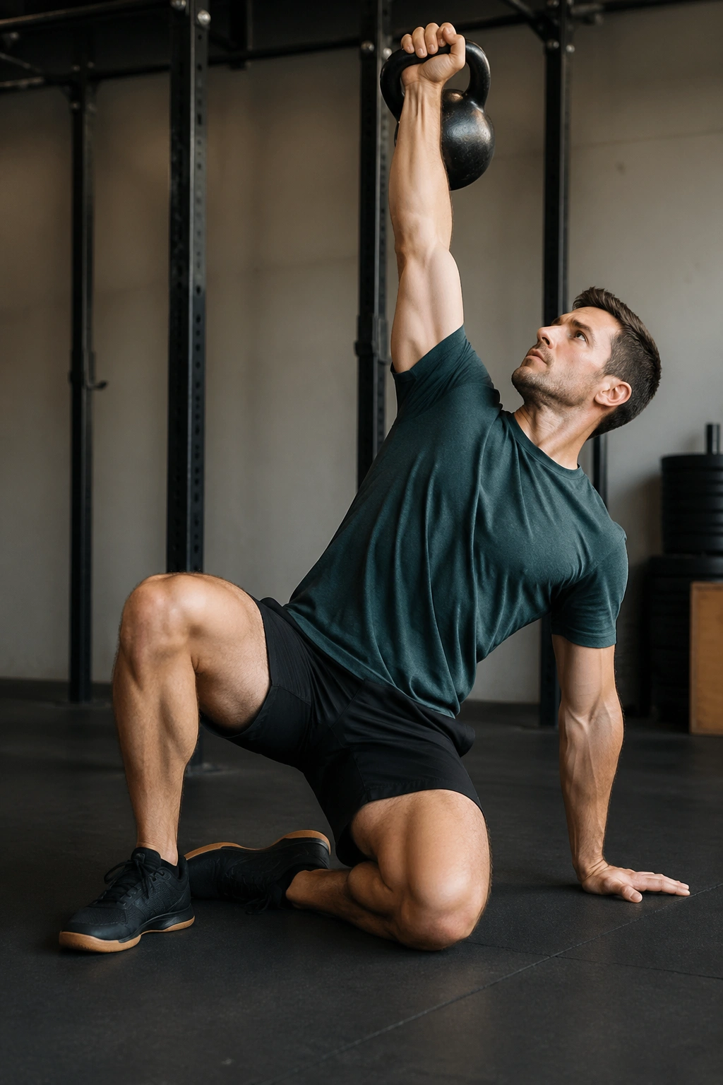 Lifter executing Turkish get-up with kettlebell overhead