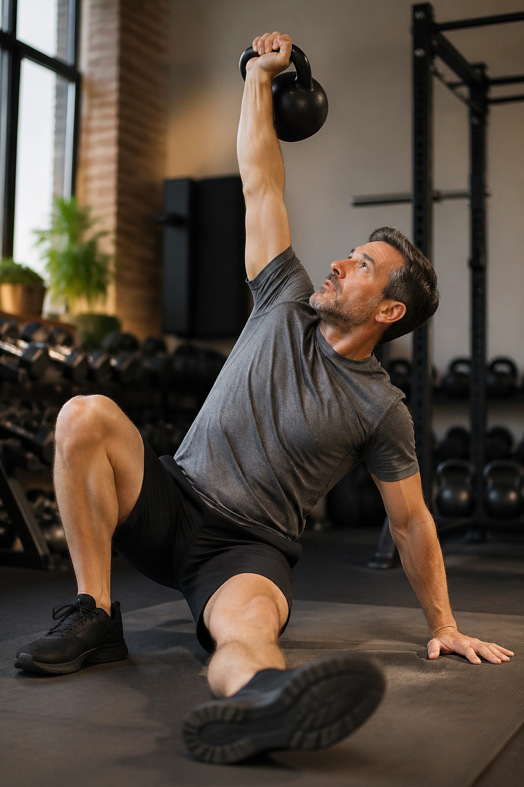 Person performing Turkish get-up with kettlebell overhead on a mat