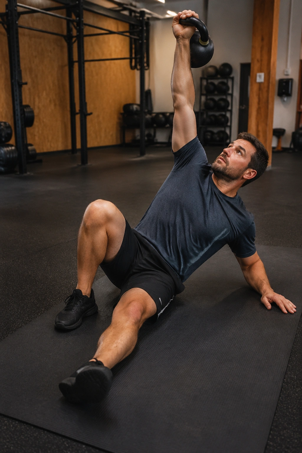 Person performing Turkish get-up on gym mat with kettlebell overhead