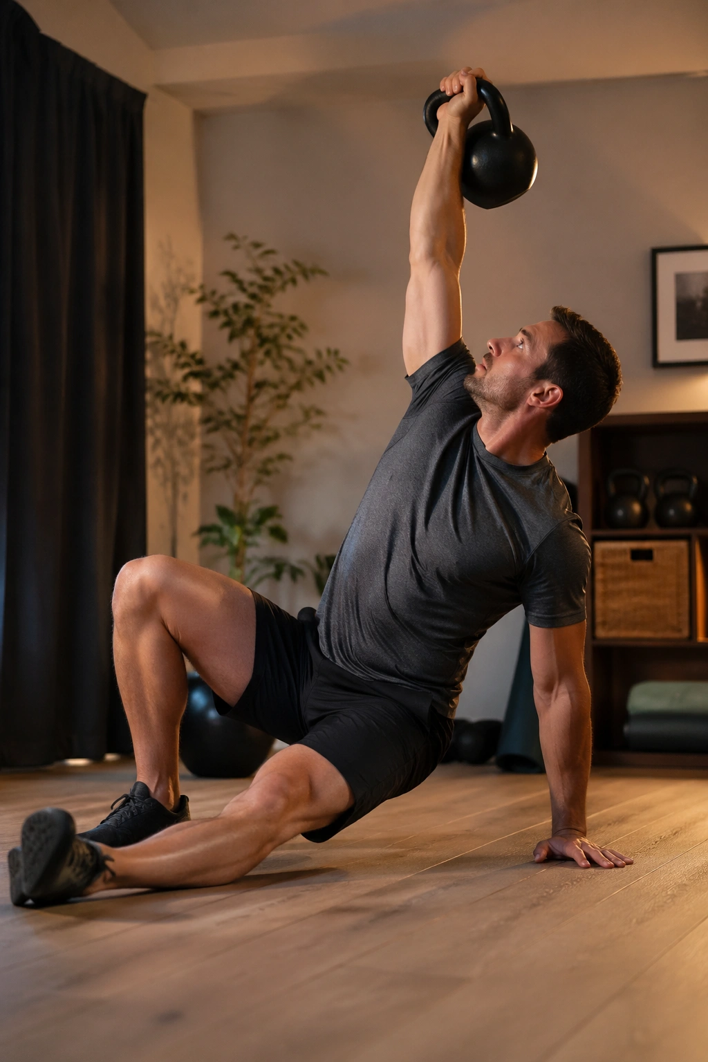 Person performing a Turkish get-up with kettlebell overhead