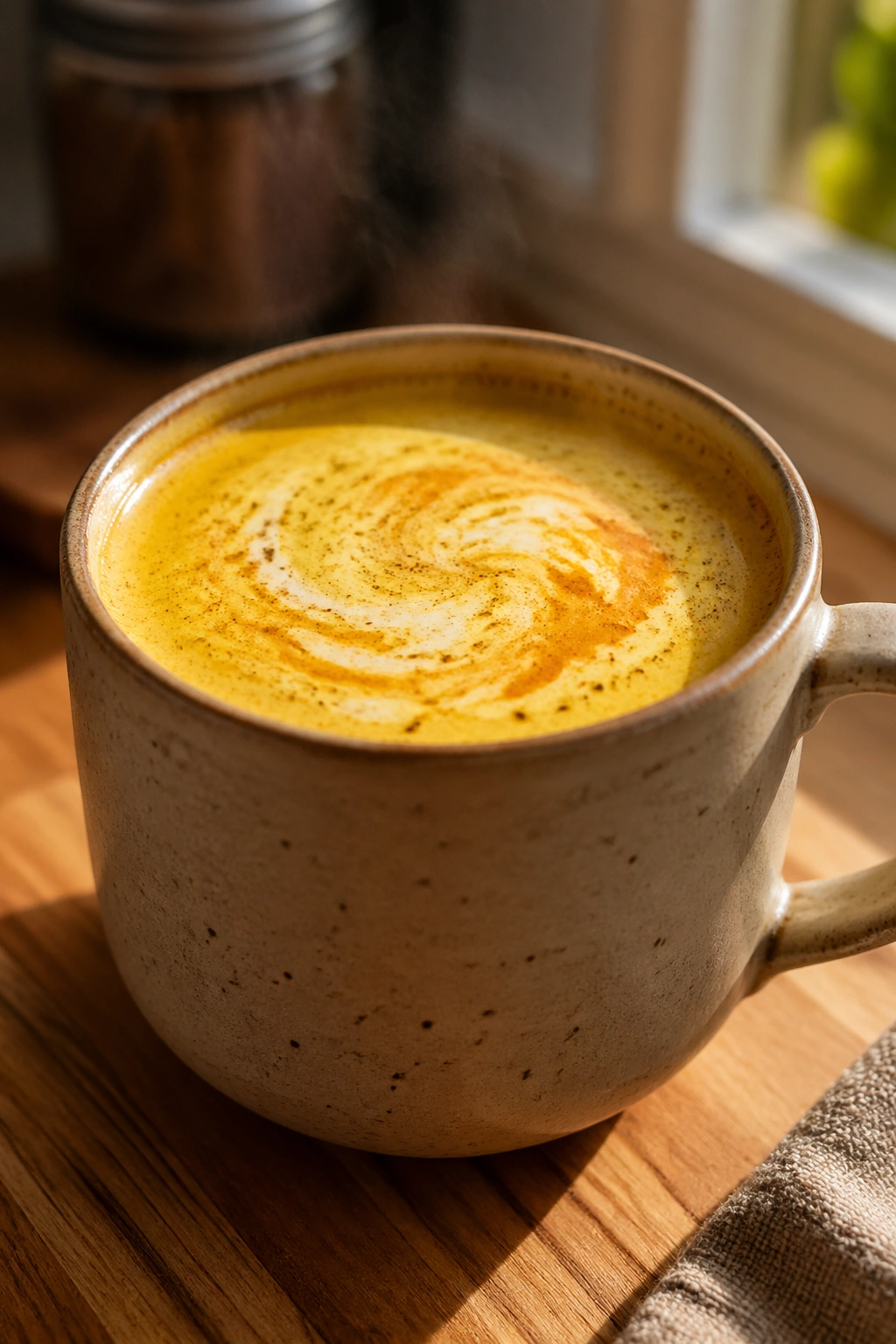 Close-up of a steaming mug of turmeric chia golden milk in a warm kitchen setting