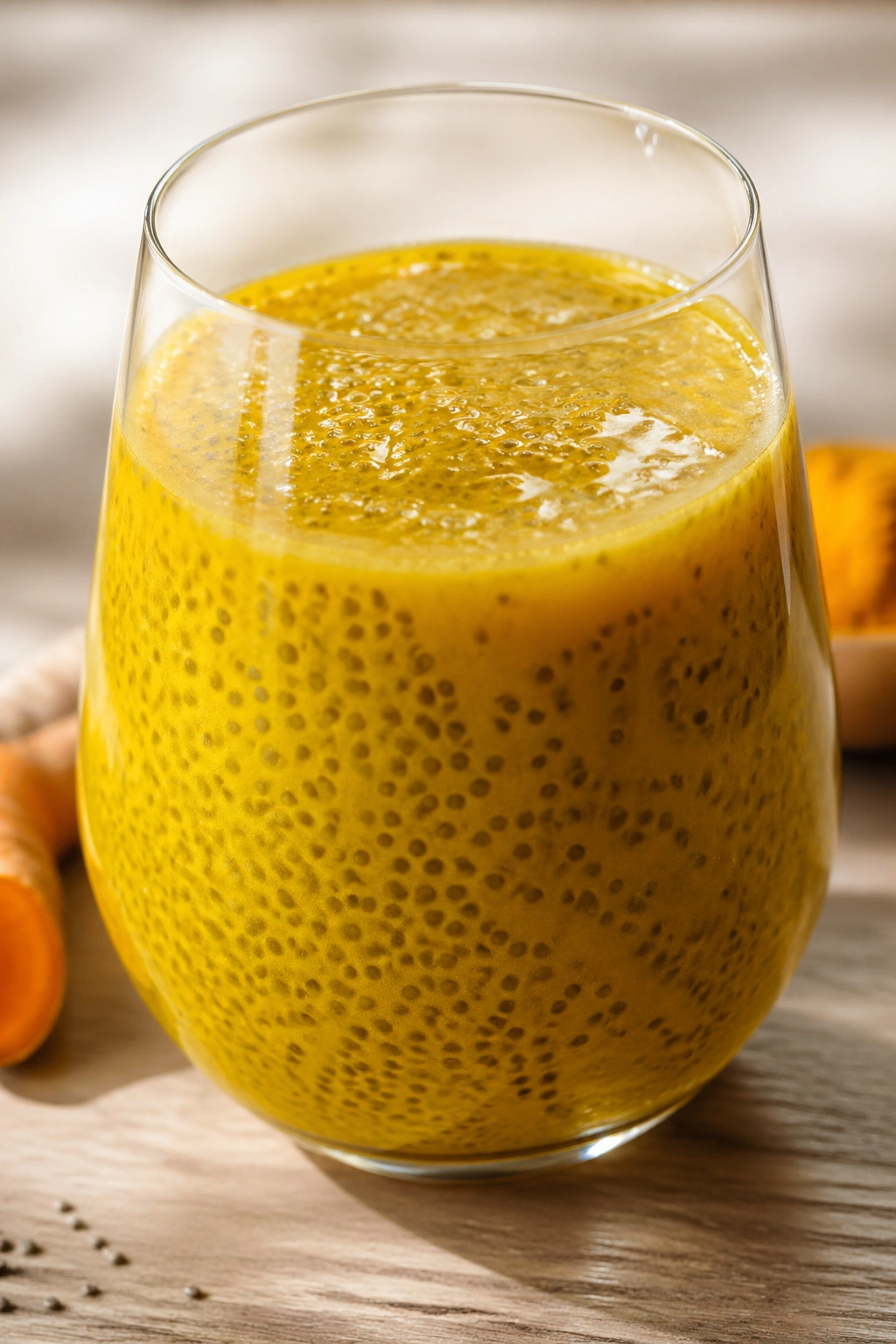 Glass of turmeric chia seed drink with suspended seeds on a wooden table