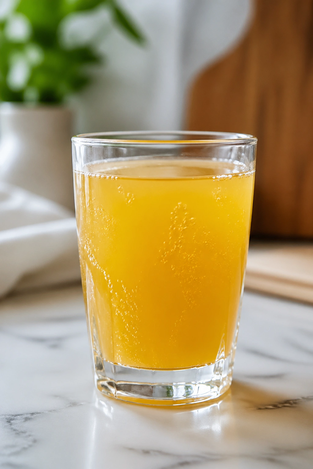Close-up of turmeric cider vinegar tonic in a clear glass on a kitchen counter