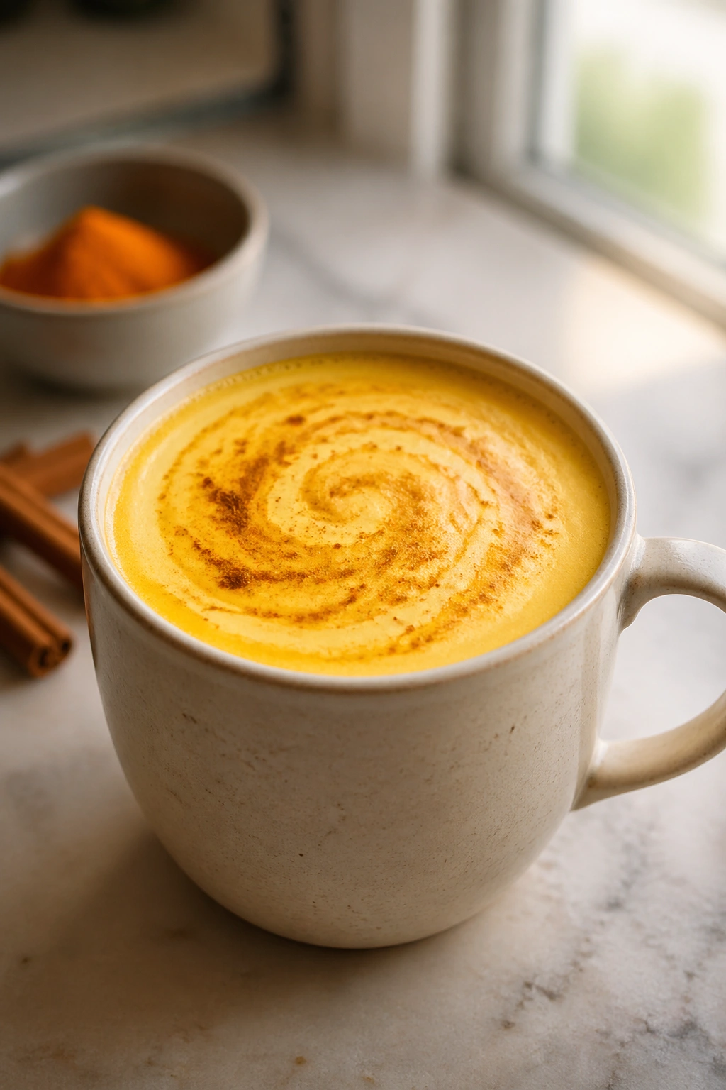 Close-up of turmeric cinnamon oat milk drink in a mug on a counter