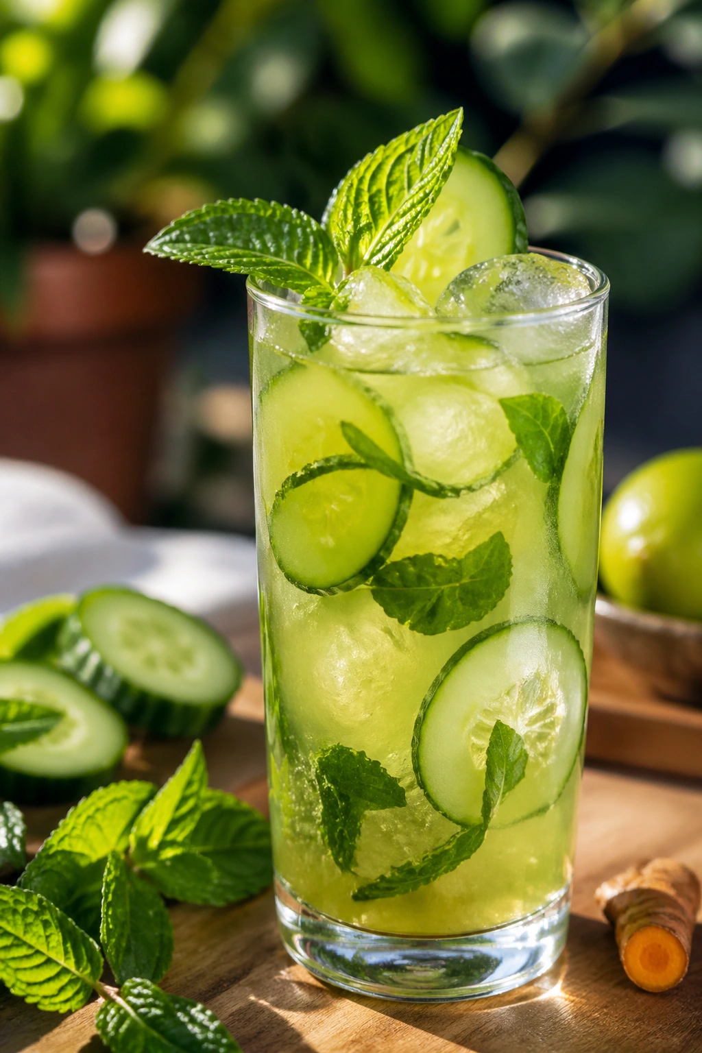 Tall glass of turmeric cucumber mint cooler with ice and visible cucumber and mint