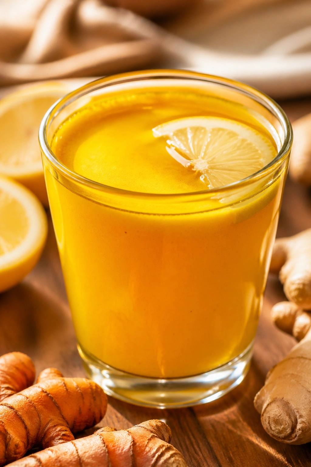 Golden turmeric ginger drink in a glass with a lemon wedge in warm kitchen light.