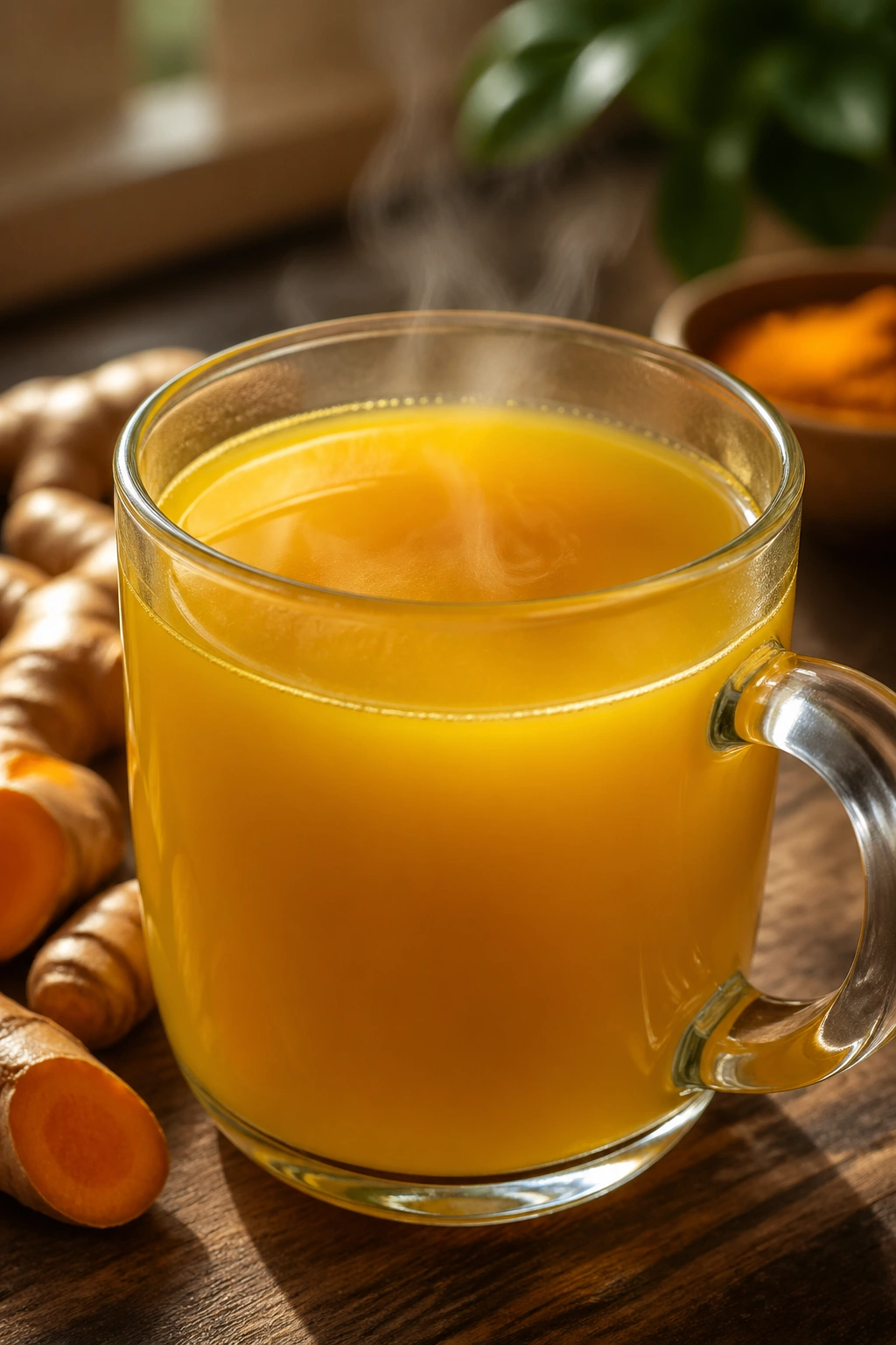 Close-up of a mug of golden turmeric ginger tea
