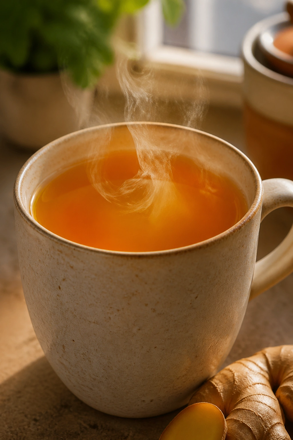 Close-up of steaming turmeric-ginger tea in a ceramic mug on a warm kitchen counter
