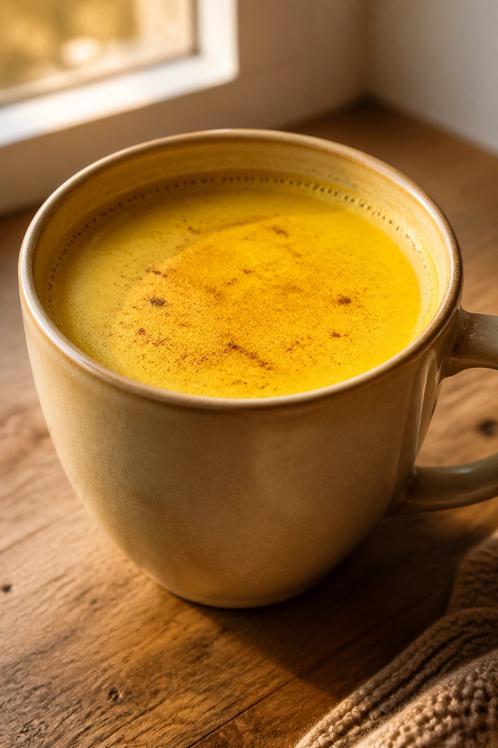 Close-up of a cup of turmeric golden milk with warm amber color