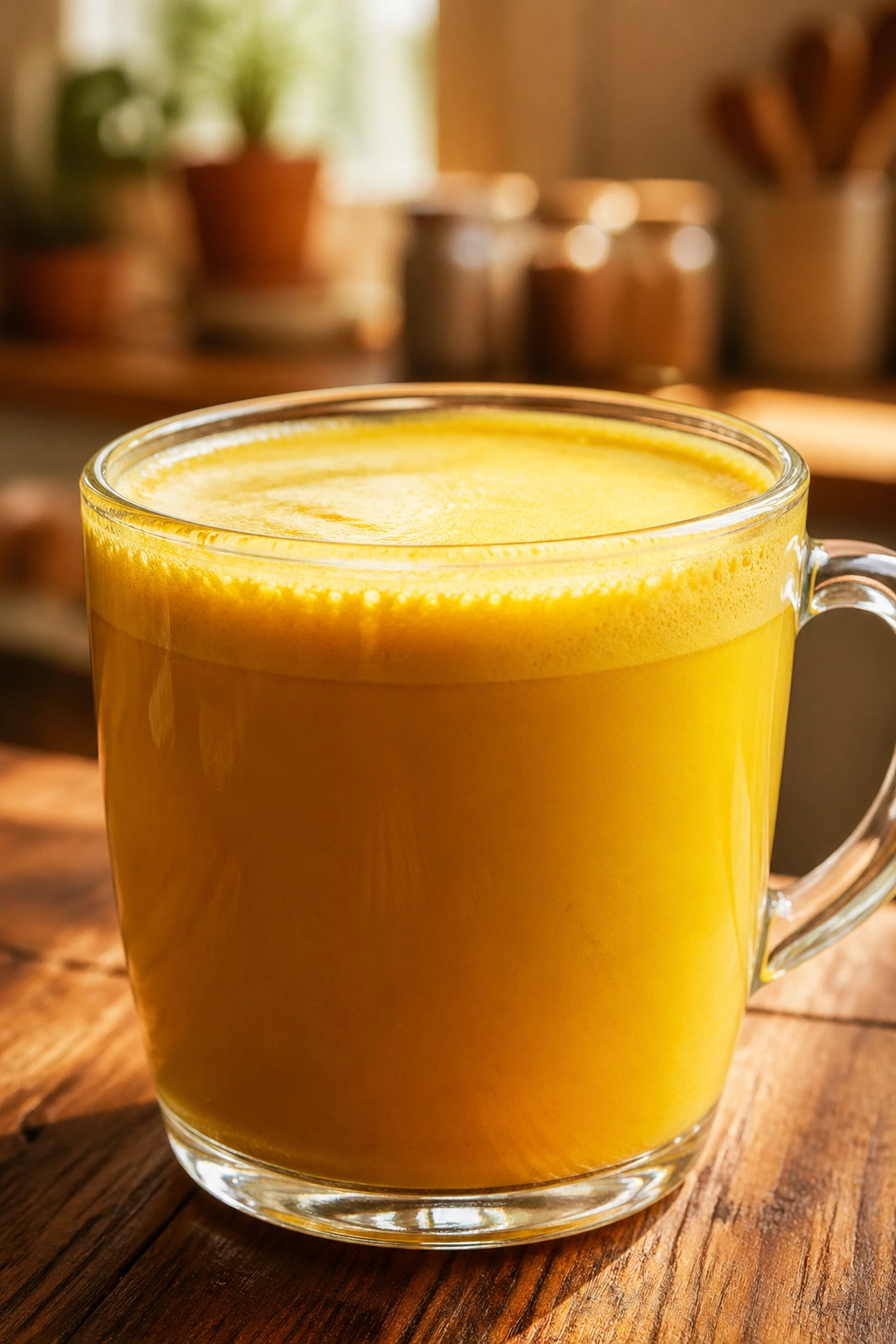 Close-up of a glass mug of turmeric golden milk on a wooden table