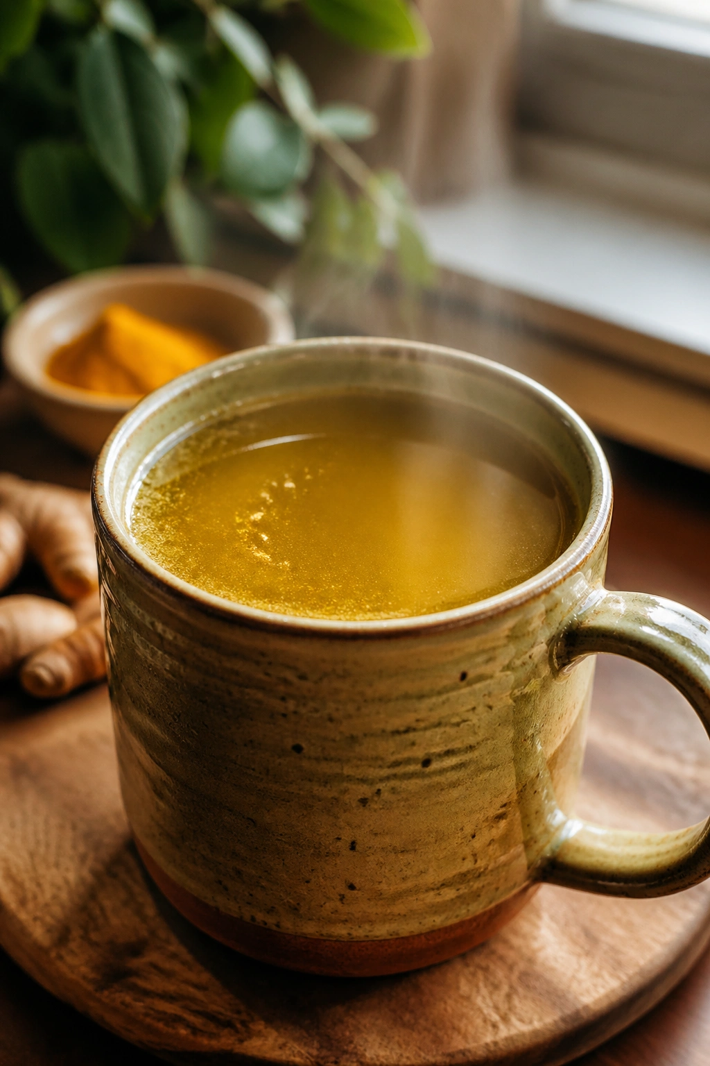 Steaming mug of turmeric-green tea tonic in a cozy kitchen