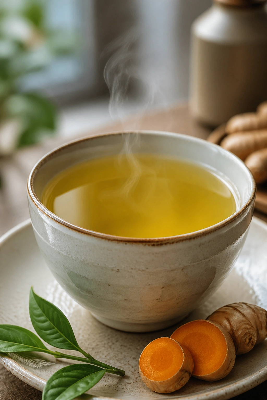 Close-up of turmeric green tea in a porcelain teacup with steam