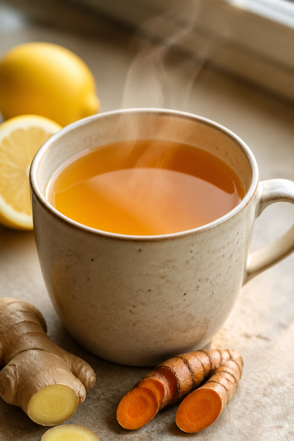 Close-up of a mug of turmeric lemon ginger tea with steam in a warm kitchen